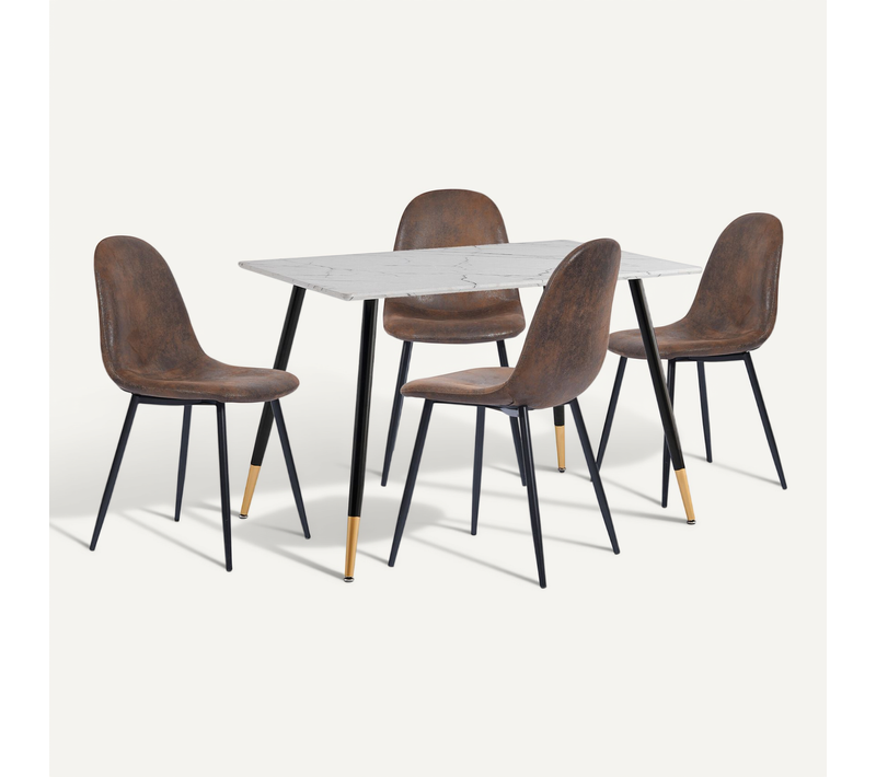 Ensemble Table Blanche Effet Marbre Et 4 Chaises Scandinaves Blanches Cassées