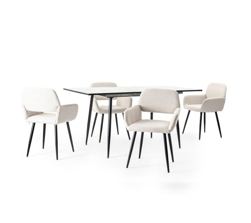 Ensemble Table Extensible Effet Marbre Blanche 120-160 Et 4 Chaises Tissu Beige