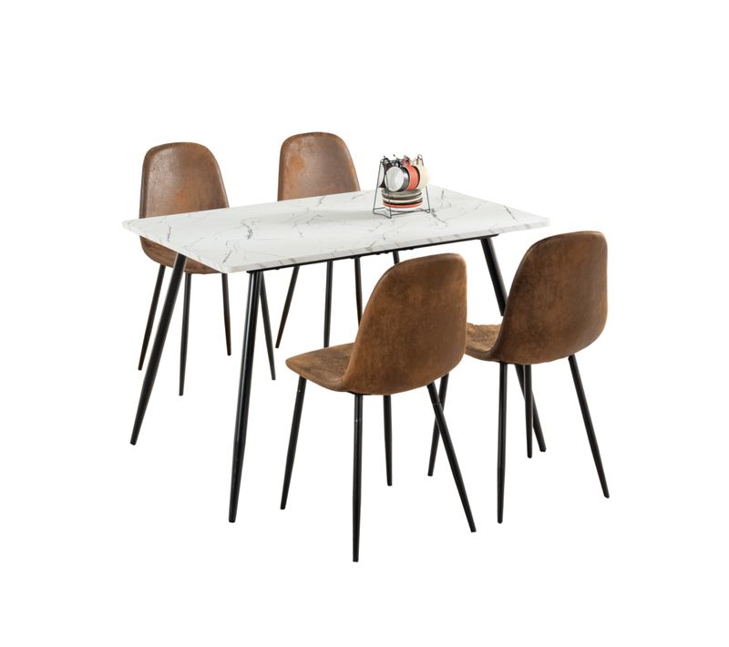 Ensemble Table Blanche Effet Marbre Et 4 Chaises Scandinaves Rétros Marrons
