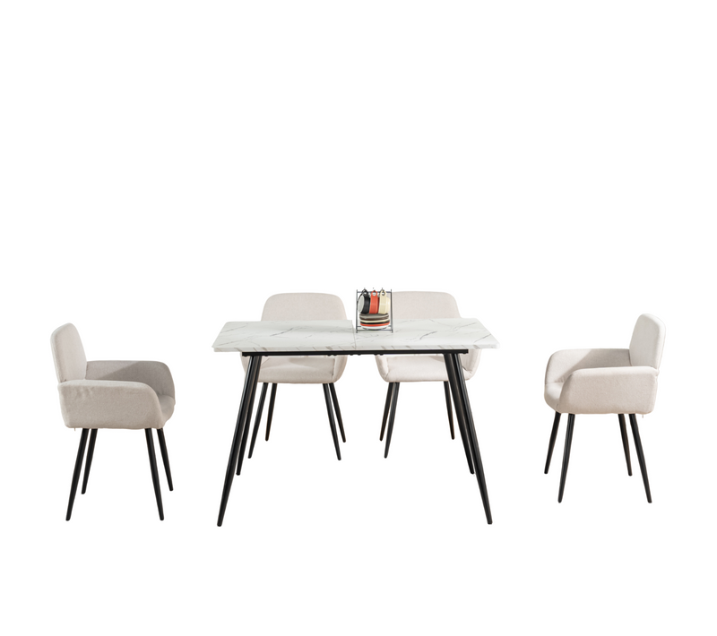 Ensemble Table Blanche Effet Marbre Et 4 Chaises Tissu Beige