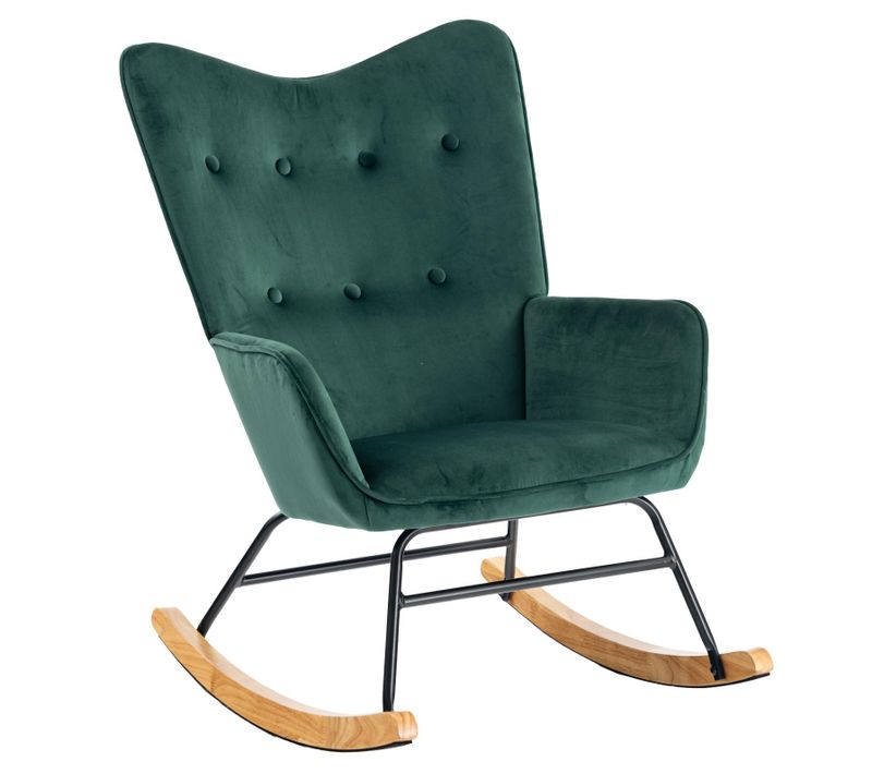 Fauteuil à Bascule Scandinave Velours Vert Pieds En Bois Clair