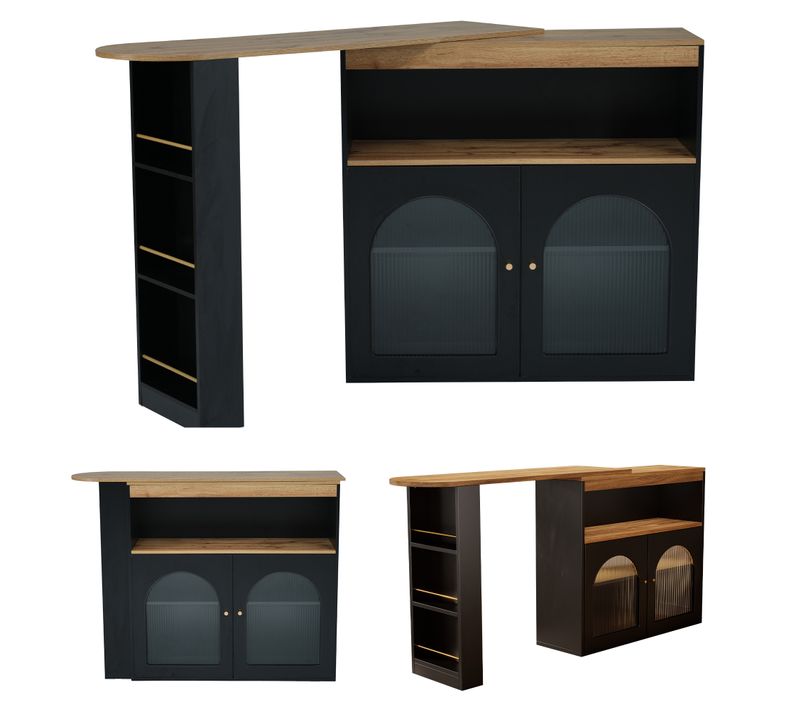 Table De Bar Extensible 360° Rotatif Noir Avec Rangement Et Bande Lumineuse LED à Intensité Variable
