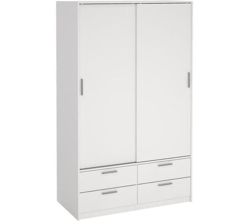 Armoire - Blanc Mat - 2 Portes Coulissantes - 4 Tiroirs - L121,2 X P60,25 X H200 Cm - Ontario