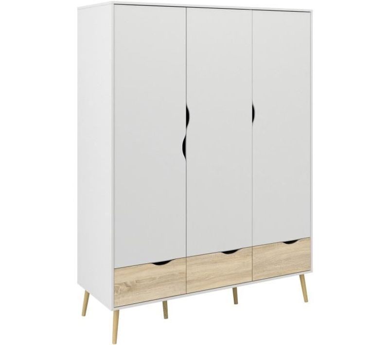 Armoire - Blanc/chêne - 3 Portes / 3 Tiroirs - Piètement Évasé En Bois Massif - 147,2x58,1x200,1 Aro