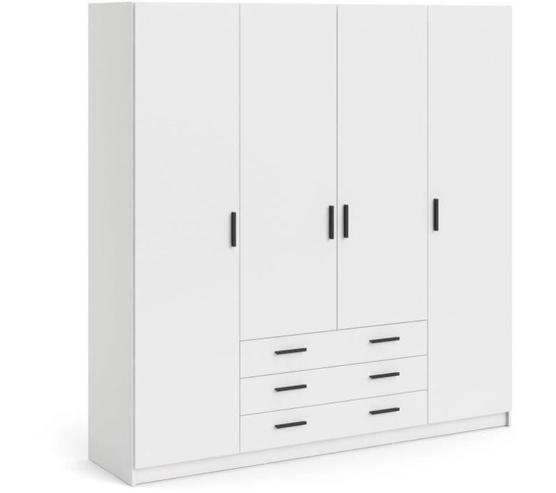 Armoire Vega - Décor Blanc Mat - 4 Portes + 3 Tiroirs - L 195,5 X P 49,6 X H 200,4 Cm