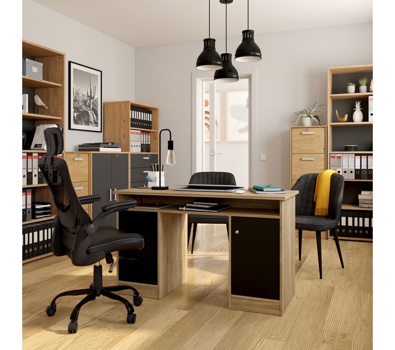 Bureau 3 tiroirs et 1 porte CLASS imitation chêne et noir