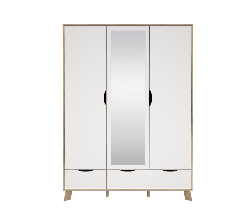 Armoire 3 portes 2 tiroirs IKAST miroir imitation chêne