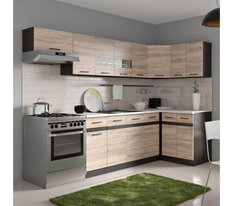 Junona Cuisine D'angle Complete Et Plan De Travail L 3m40 - Angle Réversible - Décor Chene Sonoma