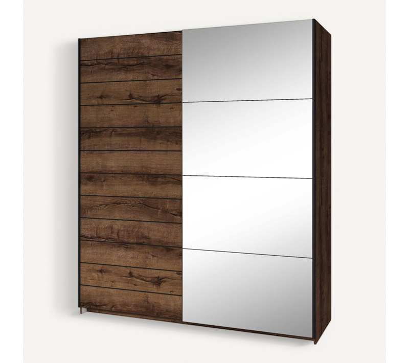 Armoire Orion 2 Portes Avec Miroir 180 Cm - Chêne Foncé