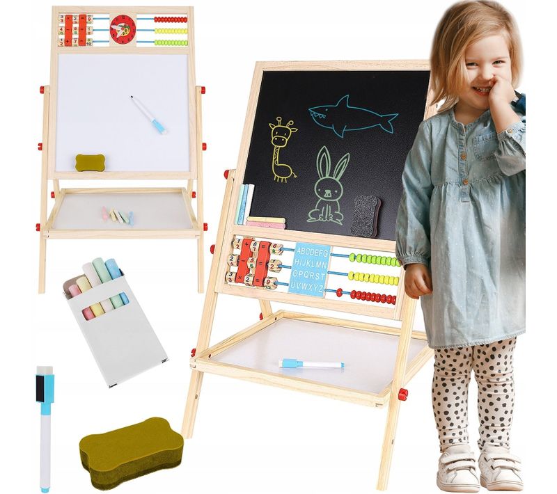 Tableau Enfant Double Face En Bois 6 En1 à Craie Magnétique Effaçable à Sec  41 X 67 Cm
