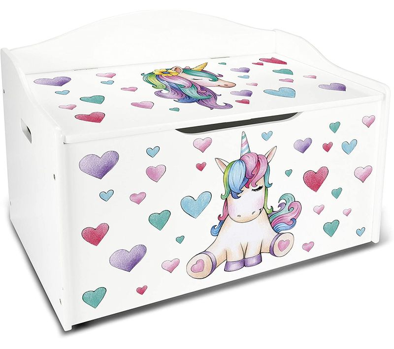Coffre XL à Jouets En Bois Rangement Pour Enfants  Couleur Blanc Motif: La Licorne