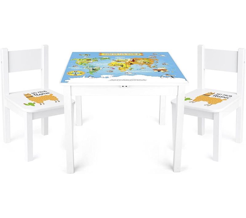 Table 'yeti' Et 2 Chaises Enfant Blanche Motif Carte Du Monde