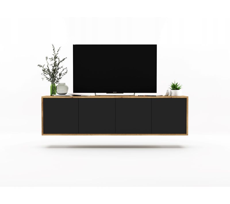 Meuble TV Suspendu Apollo Chêne Wotan Noir Mat 150 Cm