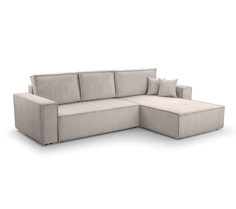 Canapé D'angle Réversible En Velours Côtelé Crème Cedria 287/145/85 Cm - Coffre + Lit