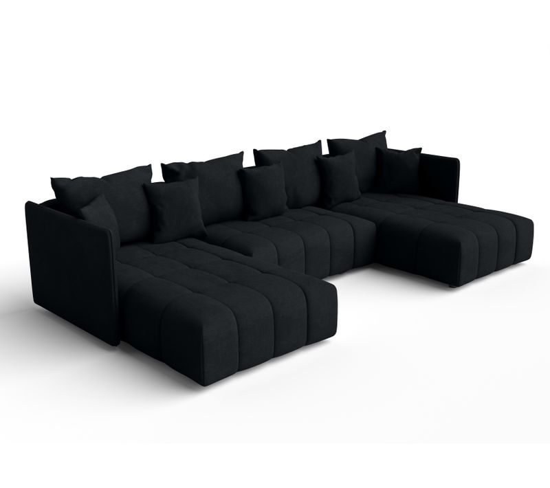 Canapé Panoramique En Tissu Noir Veliro U 353/180/83 Cm - Avec Coffre Et Fonction Lit