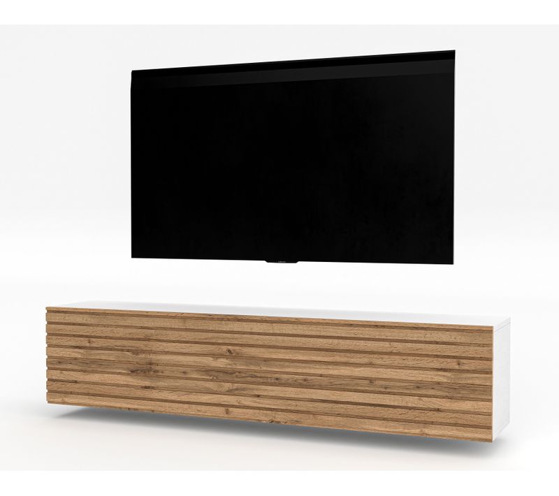 Meuble TV Suspendu Avec Lamelles Zivolli 160 Cm Blanc Et Chêne Wotan 160/34/40 - Push-to-open