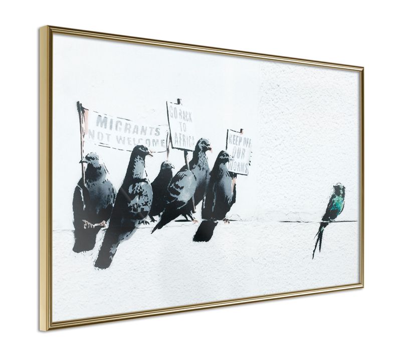 Affiche Murale Encadrée "banksy Pigeons" 90 X 60 Cm Doré