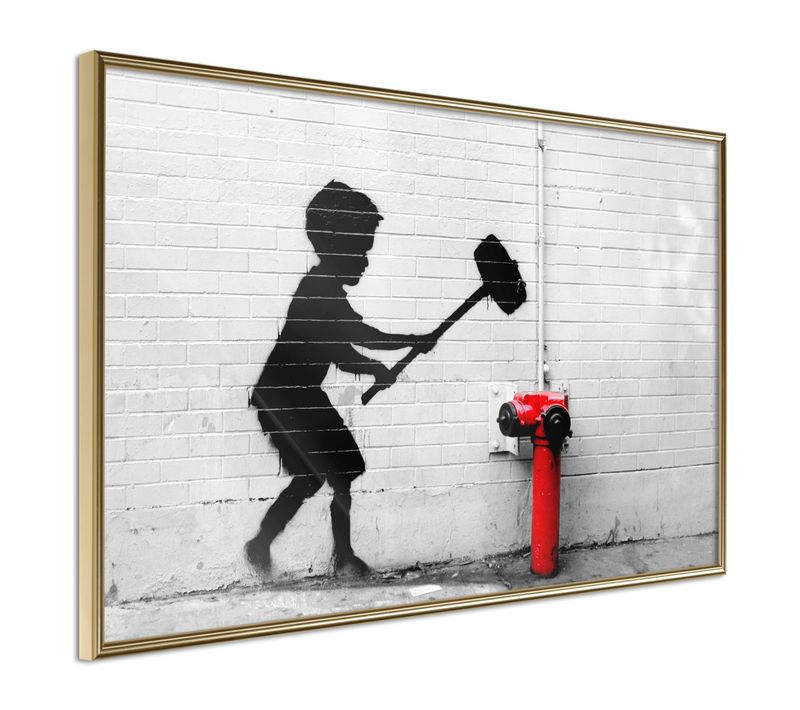 Affiche Murale Encadrée "banksy Hammer Boy" 60 X 40 Cm Doré