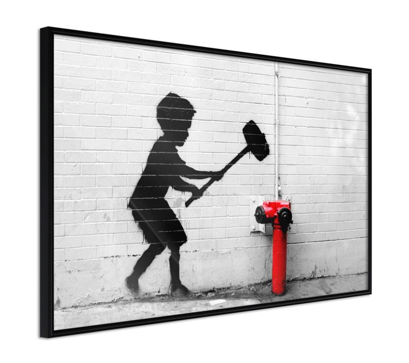 Affiche Murale Encadrée "banksy Hammer Boy" 30 X 20 Cm Noir