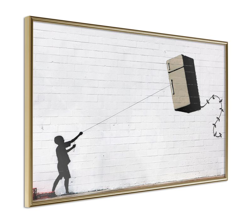 Affiche Murale Encadrée "banksy Fridge Kite" 60 X 40 Cm Doré