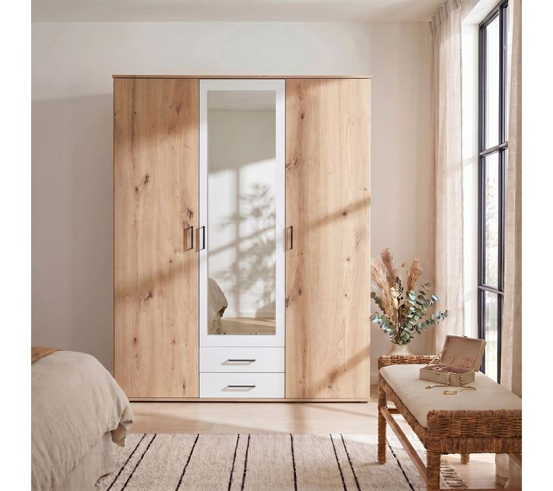 Armoire avec penderie et tiroirs L. 120 cm ARTY Blanc et imitation chêne