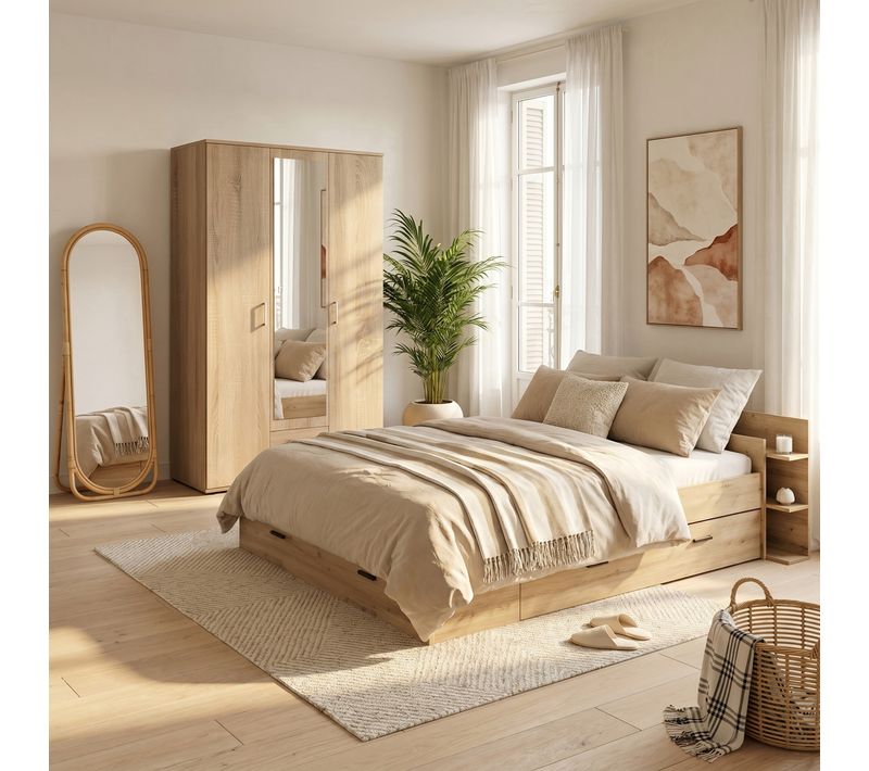 Armoire 3 portes L. 120 cm KARL imitation chêne