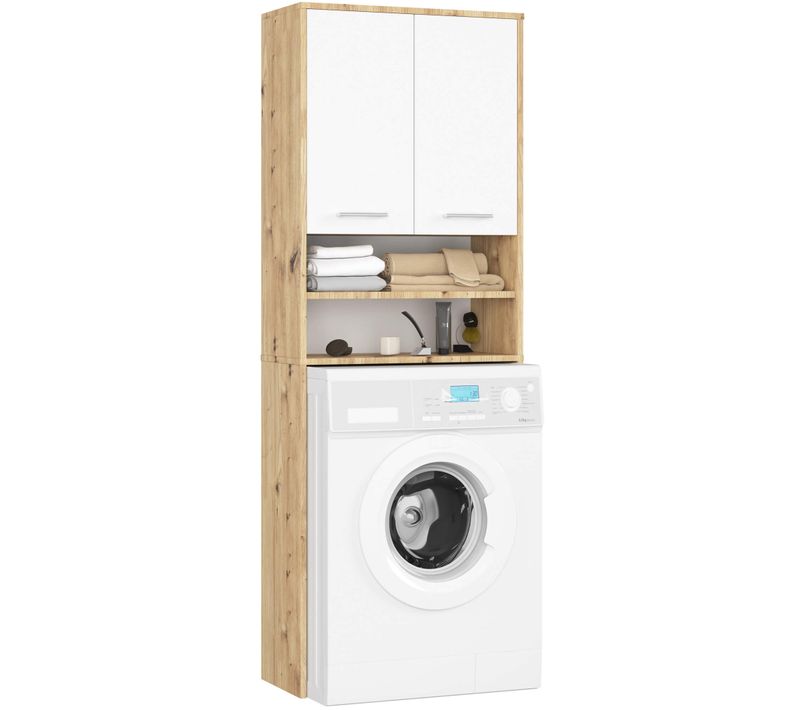 Meuble Pour Machine à Laver Fin Chêne Artisan 64 Cm 2 Portes Façade Blanche Niche