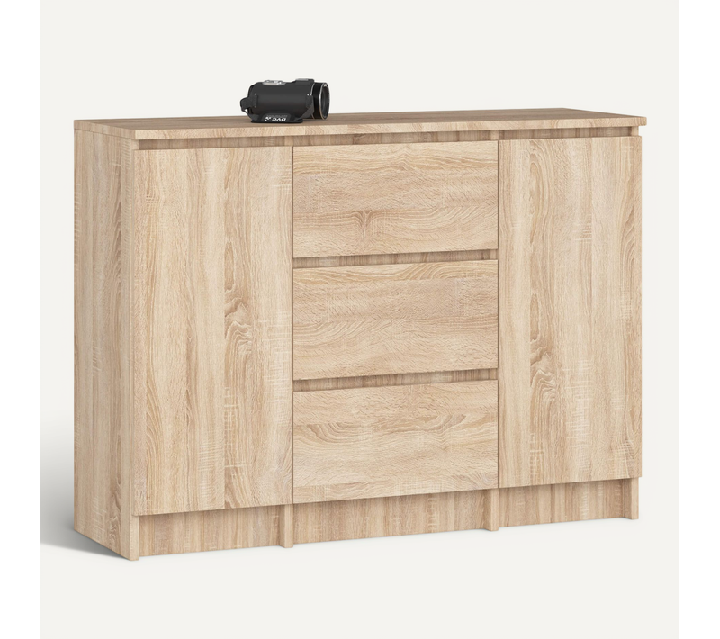 Commode K100 Chêne Sonoma 101 Cm 2 Portes 3 Tiroirs Façade Chêne Sonoma 4 Étagères 101x35x76 Cm