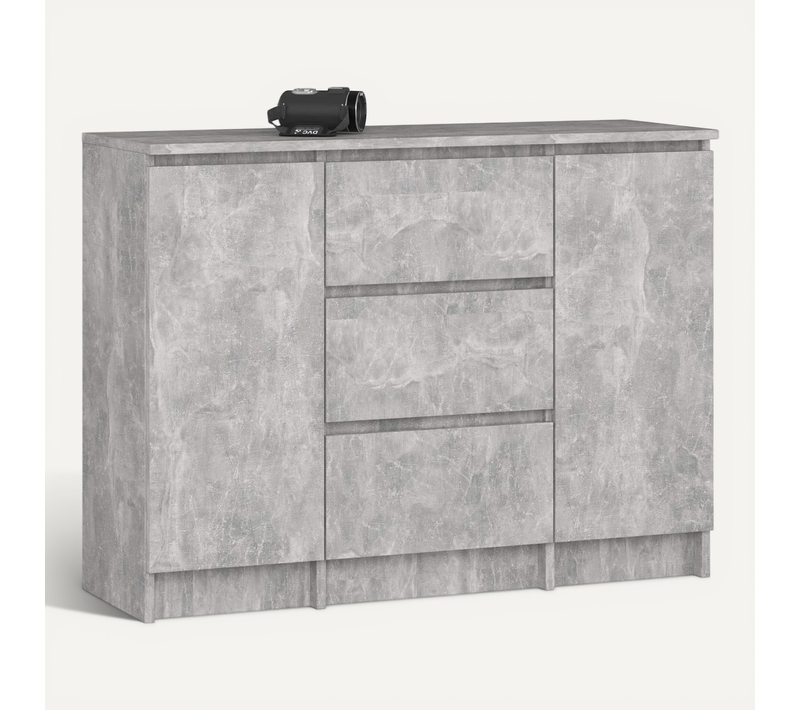 Commode K100 Béton 101 Cm 2 Portes 3 Tiroirs Façade Béton 4 Étagères 101x35x76 Cm