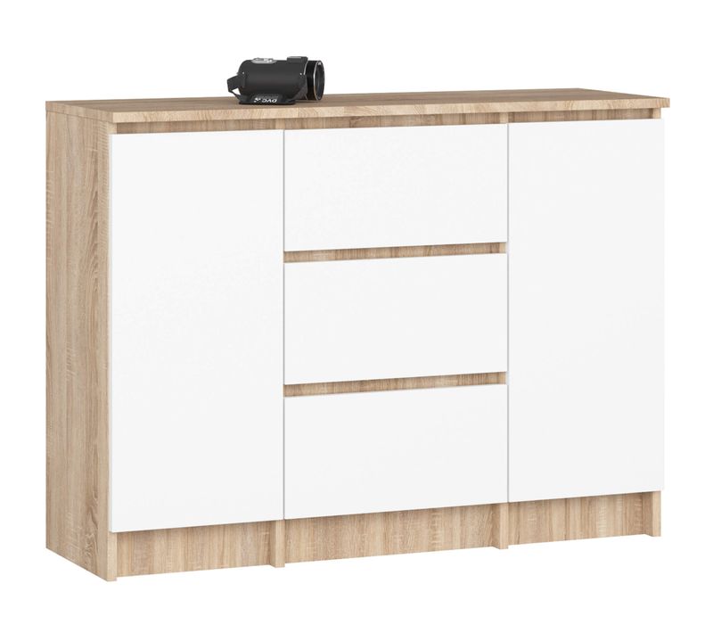 Commode K100 Chêne Sonoma 101 Cm 2 Portes 3 Tiroirs Façade Blanche 4 Étagères 101x35x76 Cm