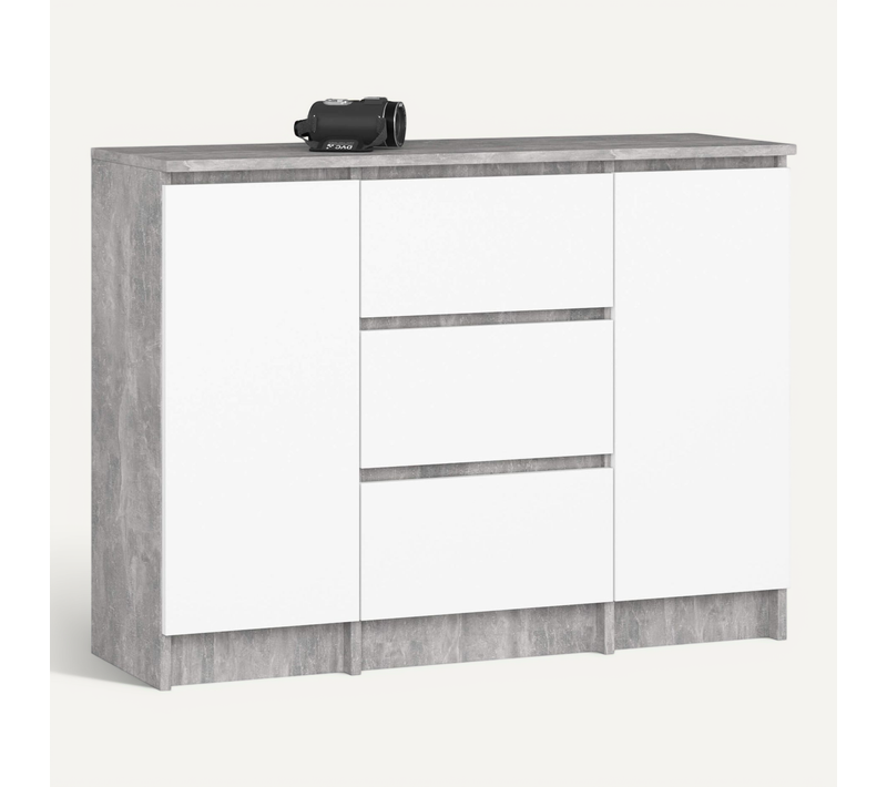 Commode K100 Béton 101 Cm 2 Portes 3 Tiroirs Façade Blanche 4 Étagères 101x35x76 Cm