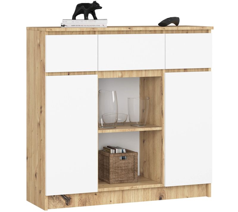 Commode K100 Chêne Artisan 101 Cm 2 Portes 3 Tiroirs Façade Blanche 6 Étagères 101x35x98 Cm