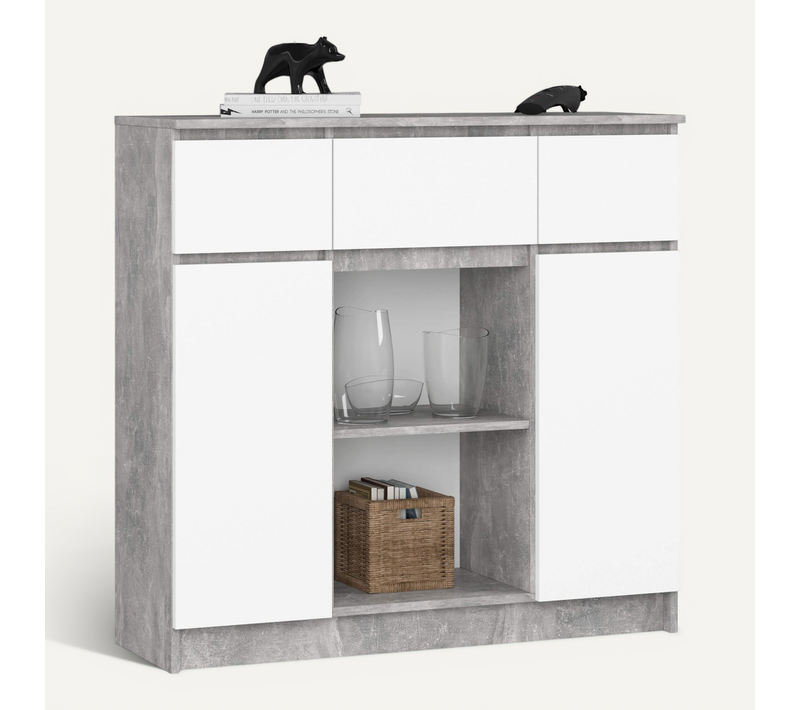 Commode K100 Béton 101 Cm 2 Portes 3 Tiroirs Façade Blanche 6 Étagères 101x35x98 Cm