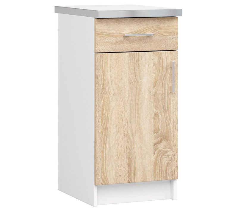 Meuble De Cuisine Bas S40 Lima Modulable Blanc 40 Cm 1 Porte 1 Tiroir Façade Chêne Sonoma