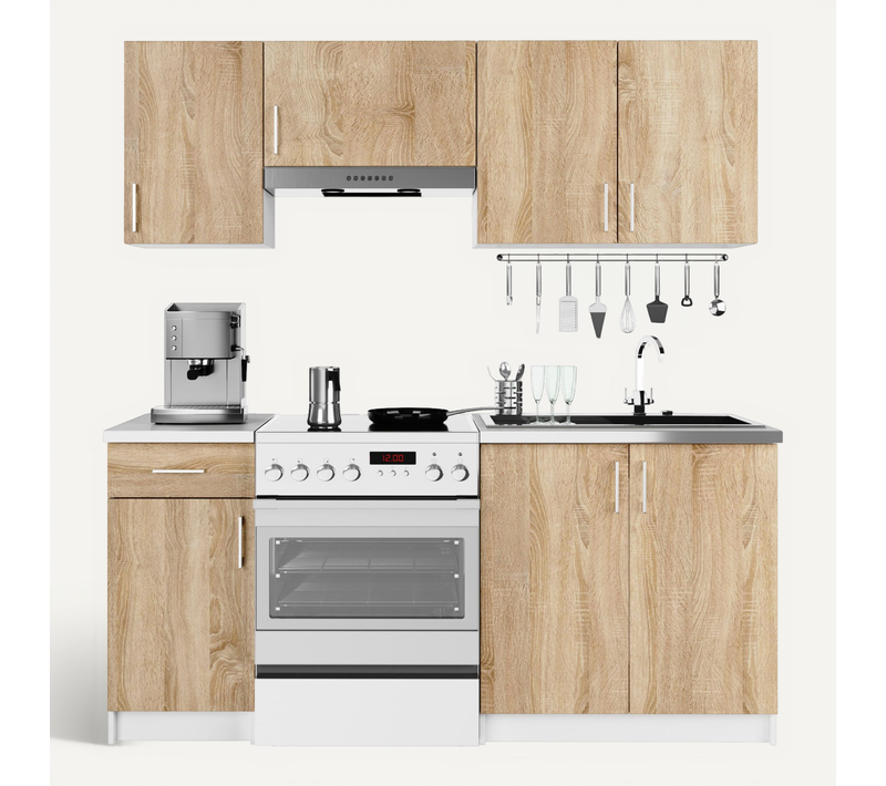 Ensemble De Cuisine Lima Blanc 180 Cm 7 Portes 1 Tiroir Façade Chêne Sonoma 8 étagères 180x44,5x203