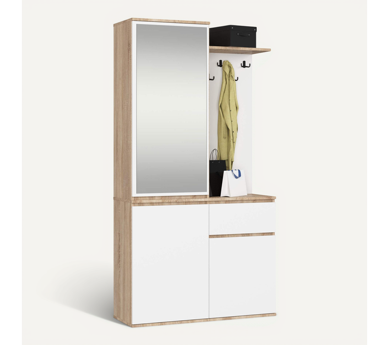 Ensemble De Meubles D'entrée Entro Chêne Sonoma, Blanc Avec Armoire Et Miroir 95x35x183 Cm