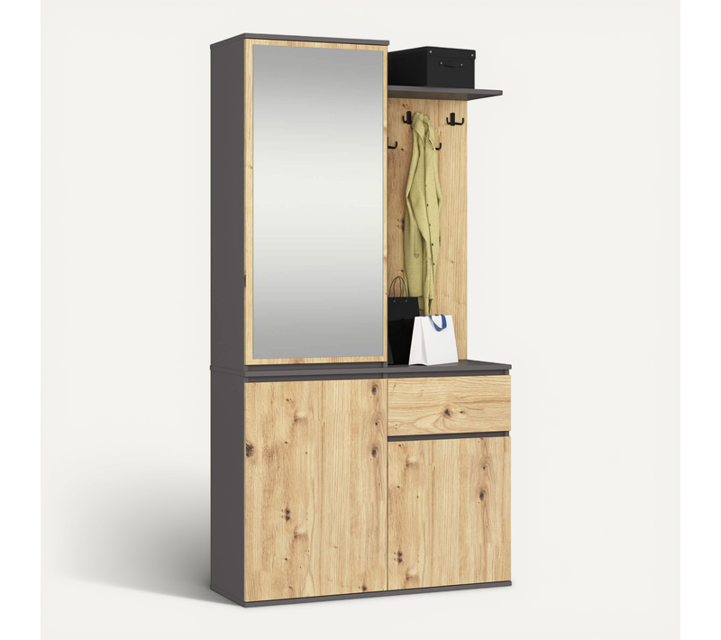 Ensemble De Meubles D'entrée Entro Gris Graphite, Chêne Artisan Avec Armoire Et Miroir 95x35x183 Cm