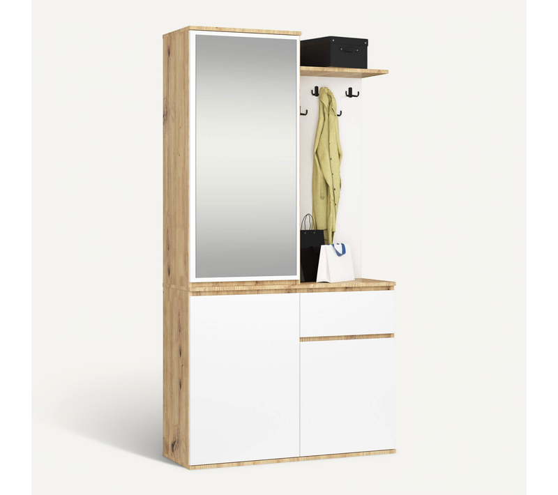 Ensemble De Meubles D'entrée Entro Chêne Artisan, Blanc Avec Armoire Et Miroir 95x35x183 Cm