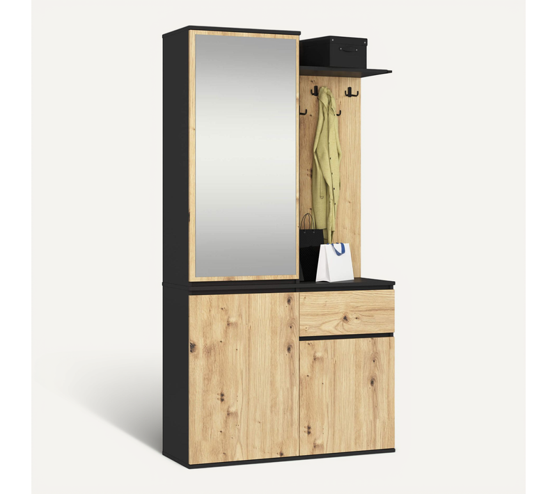 Ensemble De Meubles D'entrée Entro Noir, Chêne Artisan Avec Armoire Et Miroir 95x35x183 Cm