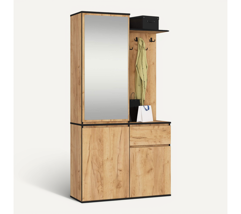 Ensemble De Meubles D'entrée Entro Chêne Craft Avec Armoire Et Miroir 95x35x183 Cm