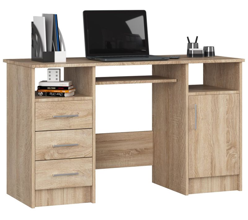 Bureau D'ordinateur Akord Ana Chêne Sonoma 124 Cm 1 Porte 3 Tiroirs Façade Chêne Sonoma