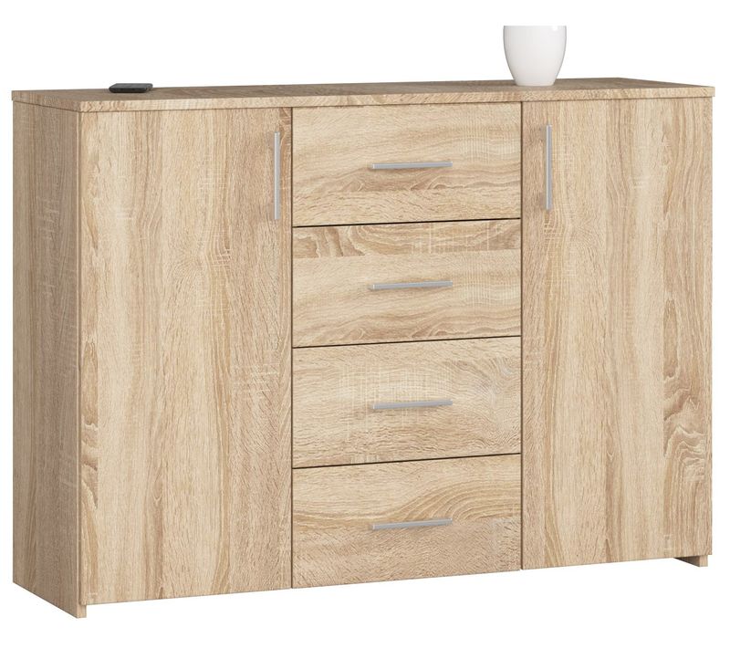 Commode Akord K45 Chêne Sonoma 110 Cm 2 Portes 4 Tiroirs Façade Chêne Sonoma 4 étagères 110x35x80 Cm