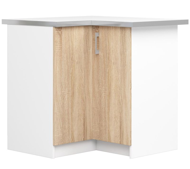 Meuble De Cuisine Bas S90 D'angle Lima Modul. Blanc 84 Cm 2 Portes Façade Chêne Sonoma 2 Étagères