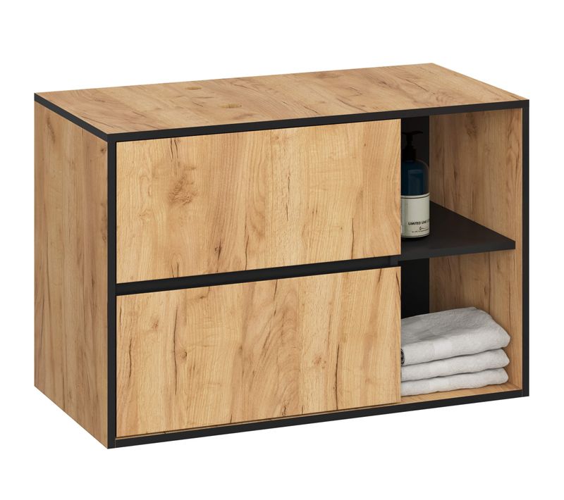 Meuble salle de bains VAMI sans vasque suspendu Chêne Craft et Noir 90 cm 2 tiroirs 90x45,5x60 cm