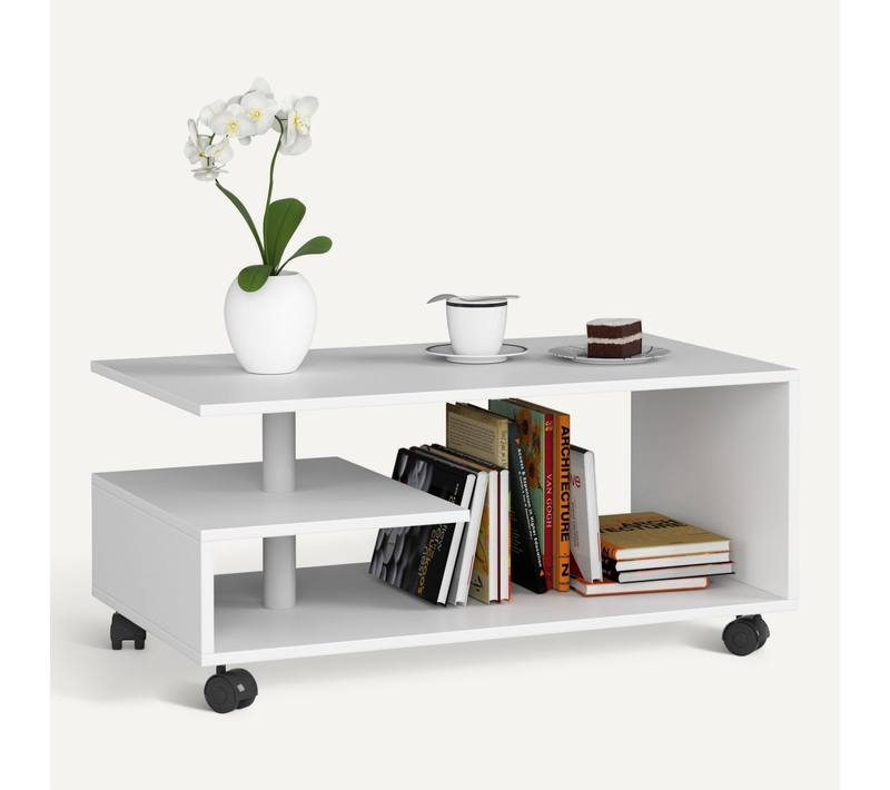 Table à Café Sur Roulettes Vini Blanche 90 Cm Couleur Blanc 90x51x40 Cm