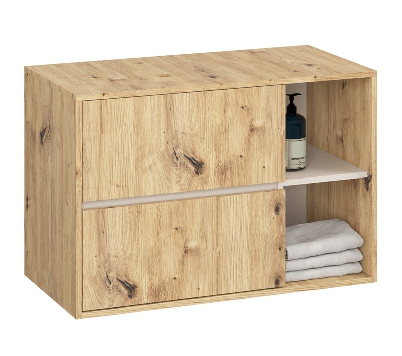 Meuble salle de bains VAMI sans vasque suspendu Chêne Artisan, Cachmire 2 tiroirs 90x45,5x60 cm