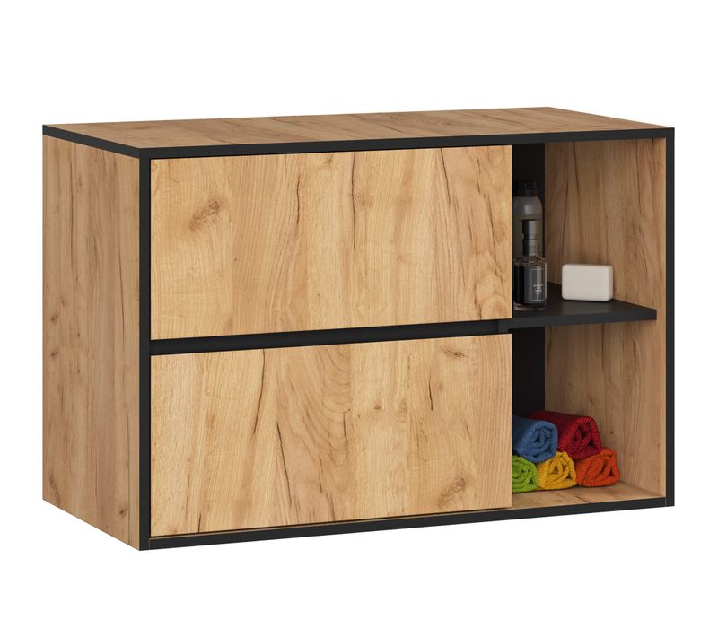 Meuble Pour Vasque à Poser Vami Suspendu Chêne Craft, Noir 2 Tiroirs 2 Étagères 90x45,5x60 Cm