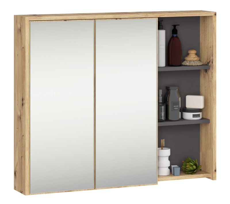 Armoire Salle De Bains Vami Suspendu Avec Miroir Chêne Artisan, Gris Graphite 6 Étagères 90x15x75 Cm