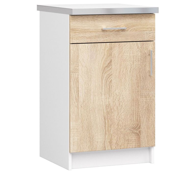 Meuble De Cuisine Bas S50 Lima Modulable Blanc 50 Cm 1 Porte 1 Tiroir Façade Chêne Sonoma 2 Étagères