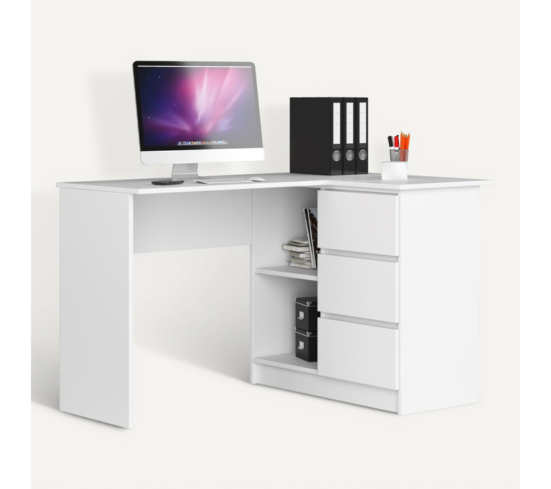 Bureau Akord D'angle Droit B16 Blanc 124 Cm 3 Tiroirs Façade Blanche 2 étagères 124x85x77 Cm